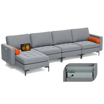 Модульный L-образный Секционный диван Costway с Реверсивным шезлонгом и 2 USB-портами Пепельно-серого цвета