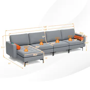Модульный L-образный Секционный диван Costway с Реверсивным шезлонгом и 2 USB-портами Пепельно-серого цвета Изображение 2