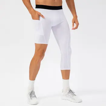 Мужские облегающие брюки для фитнеса с одной штаниной, с карманом, Длинные короткие Баскетбольные тренировочные штаны, быстросохнущие брюки-капри Изображение 2