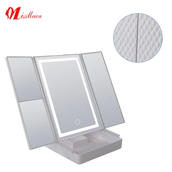 Туалетное зеркало с Трехкратной подсветкой на сетчатой поверхности в светлую полоску, 3-кратное / 2X /1X Увеличение, Складное Зеркало для макияжа с ящиком для хранения