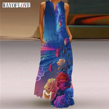 WAYOFLOVE Женское весенне-летнее длинное платье Синего цвета без рукавов с V-образным вырезом, Свободные пляжные платья с цветочным принтом, повседневное платье Макси для женщин