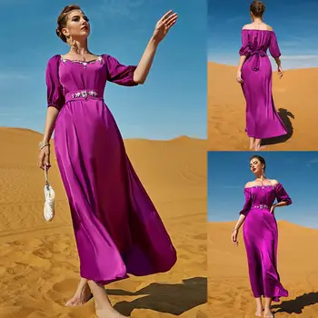 Дубайское женское мусульманское платье Макси Абайя, Марокканский праздничный Кафтан Джилбаб, Исламский кафтан, Индийское платье, Женское Изображение 2