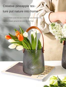 Легкая роскошная переносная стеклянная ваза, прозрачные украшения, ваза для цветов в гостиной, настольная ваза для цветов Изображение 2