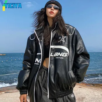 YICIYA/ куртка-бомбер, женские гоночные университетские кожаные куртки с мотоциклетной вышивкой, бейсбольная американская ветровка, куртка y2k, пальто, топ Изображение 2