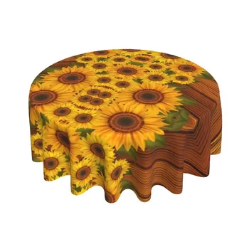 Осенние подсолнухи на деревянной доске, Скатерть круглой формы 60 дюймов, Скатерти с подсолнухом на ретро-деревянной крышке стола для фуршета Изображение 2