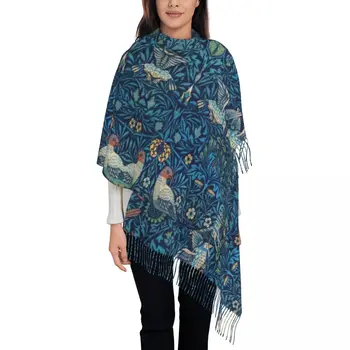 Шарф Bird By William Morris с кисточками, женская шаль с мягким текстильным рисунком, женские зимние осенние шарфы