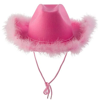 Винтажная ковбойская шляпа с пушистыми перьями, Западная ковбойская шляпа, женская универсальная кепка с широкими полями для карнавала, косплея, уличной съемки Изображение 2