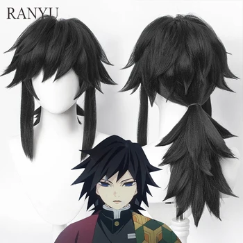 RANYU Аниме Demon Slayers Tomioka Giyuu Парик Длинные Короткие Синтетические Черные Волосы для Косплея Термостойкий Парик для вечеринки