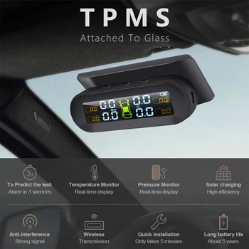 Солнечная TPMS Система контроля давления в автомобильных шинах Цифровой дисплей температуры шин Автоматические системы охранной сигнализации с 4 датчиками Изображение 2