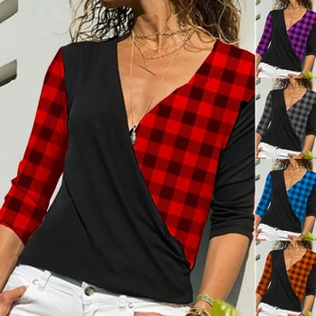 Женские модные Осенне-зимние футболки, Повседневные рубашки в клетку с длинным рукавом и глубоким V-образным вырезом, тонкие блузки в стиле пэчворк, женские топы