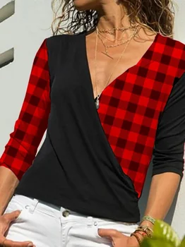 Женские модные Осенне-зимние футболки, Повседневные рубашки в клетку с длинным рукавом и глубоким V-образным вырезом, тонкие блузки в стиле пэчворк, женские топы Изображение 2
