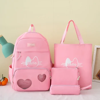 Комплекты из 4 предметов, рюкзак для девочек, женские школьные сумки Hello для девочек, детские сумки с милым котенком, mochilas, школьные сумки для девочек