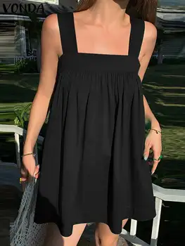 Летнее Мини-платье VONDA Women 2023, Модный Сарафан без рукавов на бретельках, Повседневный Однотонный Свободный Плиссированный праздничный пляжный Vestidos Robe Изображение 2