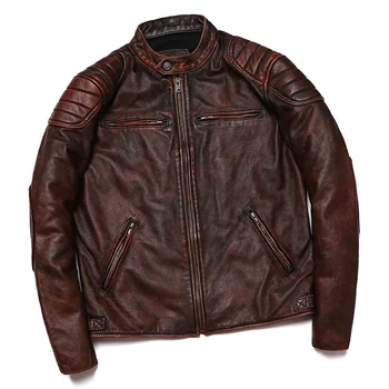 Бесплатная доставка 2023, Новая коричневая куртка из натуральной кожи в винтажном стиле, мужская куртка из воловьей кожи, мотоциклетное байкерское пальто, тонкая модная одежда