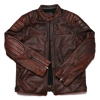 Бесплатная доставка 2023, Новая коричневая куртка из натуральной кожи в винтажном стиле, мужская куртка из воловьей кожи, мотоциклетное байкерское пальто, тонкая модная одежда Изображение 2