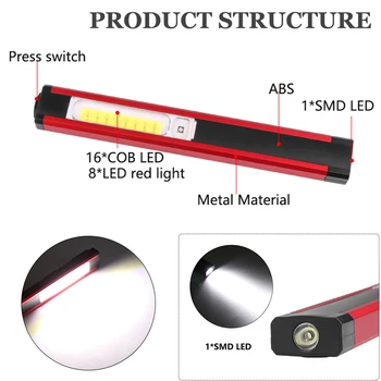 Рабочий светильник COB Светодиодный фонарик COB, Магнитная рабочая лампа, USB Перезаряжаемый фонарь, инспекционный светильник с красным/ белым светом Изображение 2
