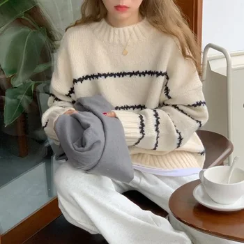 2023 свободный свитер женский утолщенный осенне-зимний полосатый свитер с длинными рукавами и полувысоким вырезом женский Изображение 2