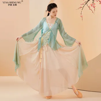 Женская одежда для классических танцев, Элегантный классический танцевальный костюм, Женская одежда для занятий китайскими танцами, юбка с градиентом в древнем стиле Изображение 2