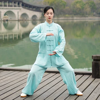 Китайский Традиционный костюм Тай-цзи с воротником-стойкой, Мужская Летняя Тонкая Одежда для занятий Тай-цзи, одежда для занятий боевыми искусствами, Льняная