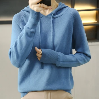 Весенне-осенний Новый пуловер с капюшоном, вязаный свитер, Женское Свободное тонкое пальто, Элегантное базовое с длинным рукавом, Оптовая продажа, специальное предложение