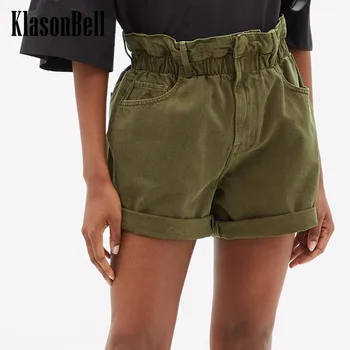 7,31 KlasonBell Армейские Зеленые Модные хлопковые шорты с высокой талией и рюшами на подкладке, Женские