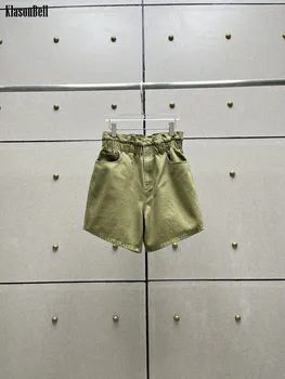 7,31 KlasonBell Армейские Зеленые Модные хлопковые шорты с высокой талией и рюшами на подкладке, Женские Изображение 2