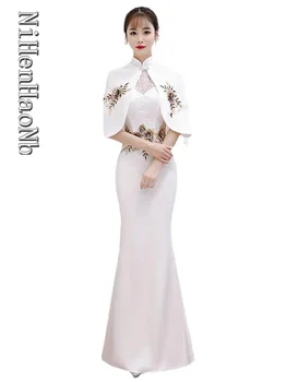 Белое китайское платье Qipao Модное платье Чонсам Длинное современное платье С восточной вышивкой Qipao Fashion