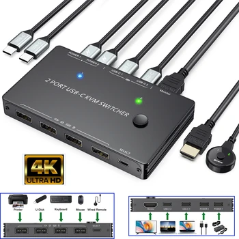 Игровой коммутатор, 2-портовый KVM-коммутатор, совместимый с USB-C и HDMI, USB-концентратор, USB-C KVM-коммутатор, 4k @ 60Hz, управление 2 входами 1 выходом, 2 ПК на 1 мониторе