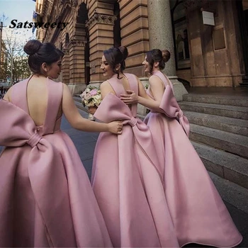 Красивые розовые Платья для подружек невесты С длинным бантом, Платье для свадебной вечеринки, Платье Подружки невесты на заказ