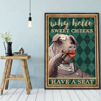 Плакат с леди-свиньей-Почему привет, плакат со сладкими щечками, забавный рисунок на стене со свиньей, украшение ванной комнаты со свиньей, винтажные принты с леди-свиньей, ванная комната ва Изображение 2