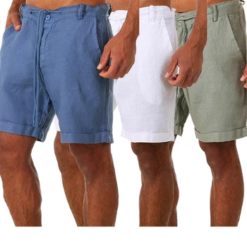 Модные шорты, мужские Летние льняные повседневные однотонные шорты на шнуровке, быстросохнущие шорты