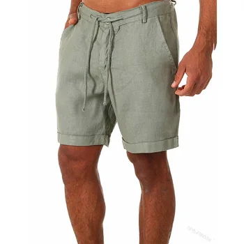 Модные шорты, мужские Летние льняные повседневные однотонные шорты на шнуровке, быстросохнущие шорты Изображение 2