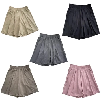 Женские повседневные Свободные шорты, японские летние шорты с карманами, Широкие шорты, однотонные плиссированные короткие брюки