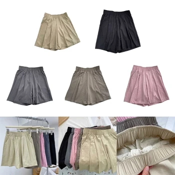 Женские повседневные Свободные шорты, японские летние шорты с карманами, Широкие шорты, однотонные плиссированные короткие брюки Изображение 2