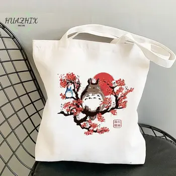 Сумки-шопперы с Тоторо для женщин, сменная холщовая сумка Harajuku, большая вместительная сумка для покупок в японском Аниме, настраиваемая сумка-тоут Изображение 2