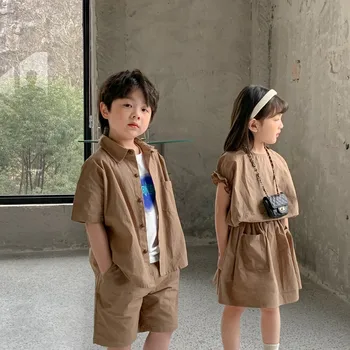 Комплекты летней детской одежды 2022 года, одинаковые комплекты для брата и сестры, Корейская детская одежда, костюм, блузка для девочек + юбка, Рубашка для мальчиков + шорты