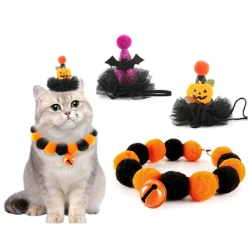 Шляпа и ожерелье в форме тыквы/летучей мыши на Хэллоуин для кошек, аксессуары для домашних животных, прямая доставка Изображение 2