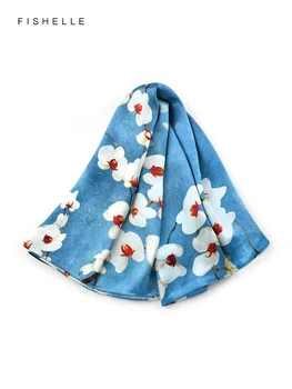 Китайский стиль, синий длинный шарф с принтом фаленопсиса, женская бандана из натурального шелка, шаль из натурального шелка, женские роскошные подарки на весну-осень