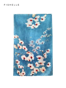 Китайский стиль, синий длинный шарф с принтом фаленопсиса, женская бандана из натурального шелка, шаль из натурального шелка, женские роскошные подарки на весну-осень Изображение 2