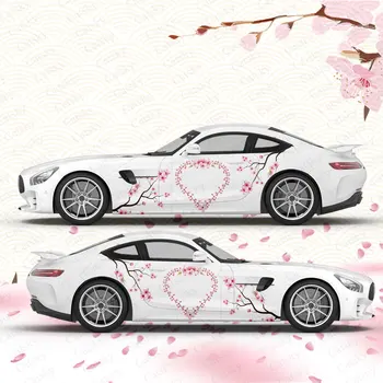 Цветы Любовь сердце Тема ливреи аниме автомобиля Сливовая боковая автомобильная обертка Литая виниловая обертка Универсальный Размер Премиум Розовая наклейка аниме автомобиля