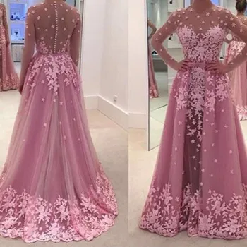 Настоящее арабское розовое вечернее платье с длинными рукавами 2023 года Со съемным шлейфом С круглым вырезом Сексуальная иллюзия спины платья для матери невесты