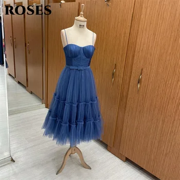 Розы спагетти ремень платья для особых случаев продажи с вырезом синий складки вечернее платье длинное вечернее платье Vestidos де Фиеста