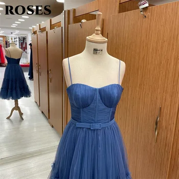Розы спагетти ремень платья для особых случаев продажи с вырезом синий складки вечернее платье длинное вечернее платье Vestidos де Фиеста Изображение 2