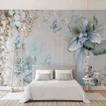 Фотообои, современные 3D бабочки, ювелирные украшения, фрески, гостиная, телевизор, диван, фон для спальни, декор, Водонепроницаемая 3D наклейка на стену