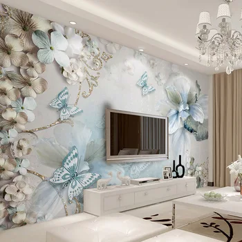 Фотообои, современные 3D бабочки, ювелирные украшения, фрески, гостиная, телевизор, диван, фон для спальни, декор, Водонепроницаемая 3D наклейка на стену Изображение 2