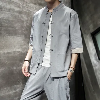 Мужская повседневная рубашка из хлопка и льна, летняя дисковая пряжка в китайском стиле, Ретро-пятиточечный рукав, воротник-стойка Hanfu, костюм Тан, пальто