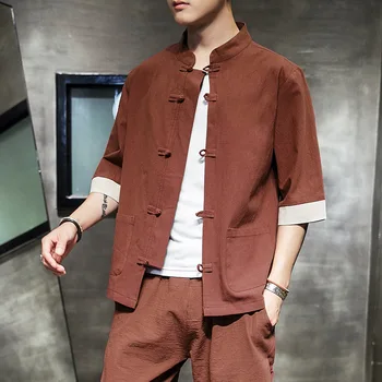 Мужская повседневная рубашка из хлопка и льна, летняя дисковая пряжка в китайском стиле, Ретро-пятиточечный рукав, воротник-стойка Hanfu, костюм Тан, пальто Изображение 2