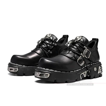 Новые мужские кожаные мотоциклетные ботинки в британском стиле ретро, мужская обувь в стиле темный панк, Металлическая ниша, дизайн, Низкая платформа, Женская обувь для вечеринок