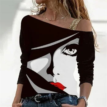 Женские футболки с длинными рукавами и принтом лица в стиле ретро, Весна 2022, диагональный воротник, Повседневная женская футболка с открытыми плечами