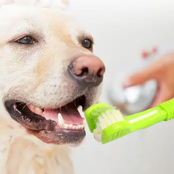 Зубная щетка для домашних животных, Трехсторонняя, многоугловая, Пластиковая, с мягкой щетиной для собак, для ухода за полостью рта Изображение 2